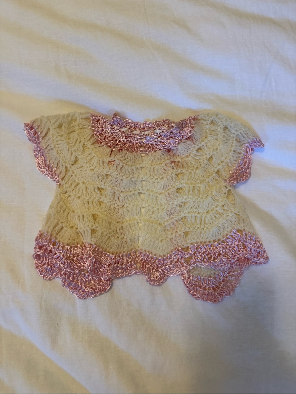 Handmade Crochet Baby Top in Cream with Pink Trim